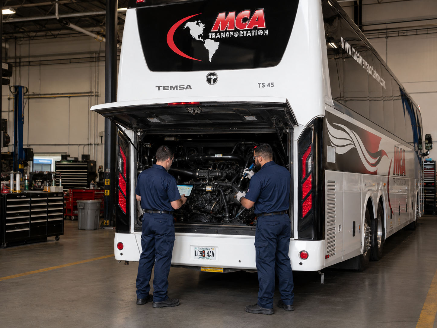 MCA Transportation maintenance shop with mechanics at the open engine bay