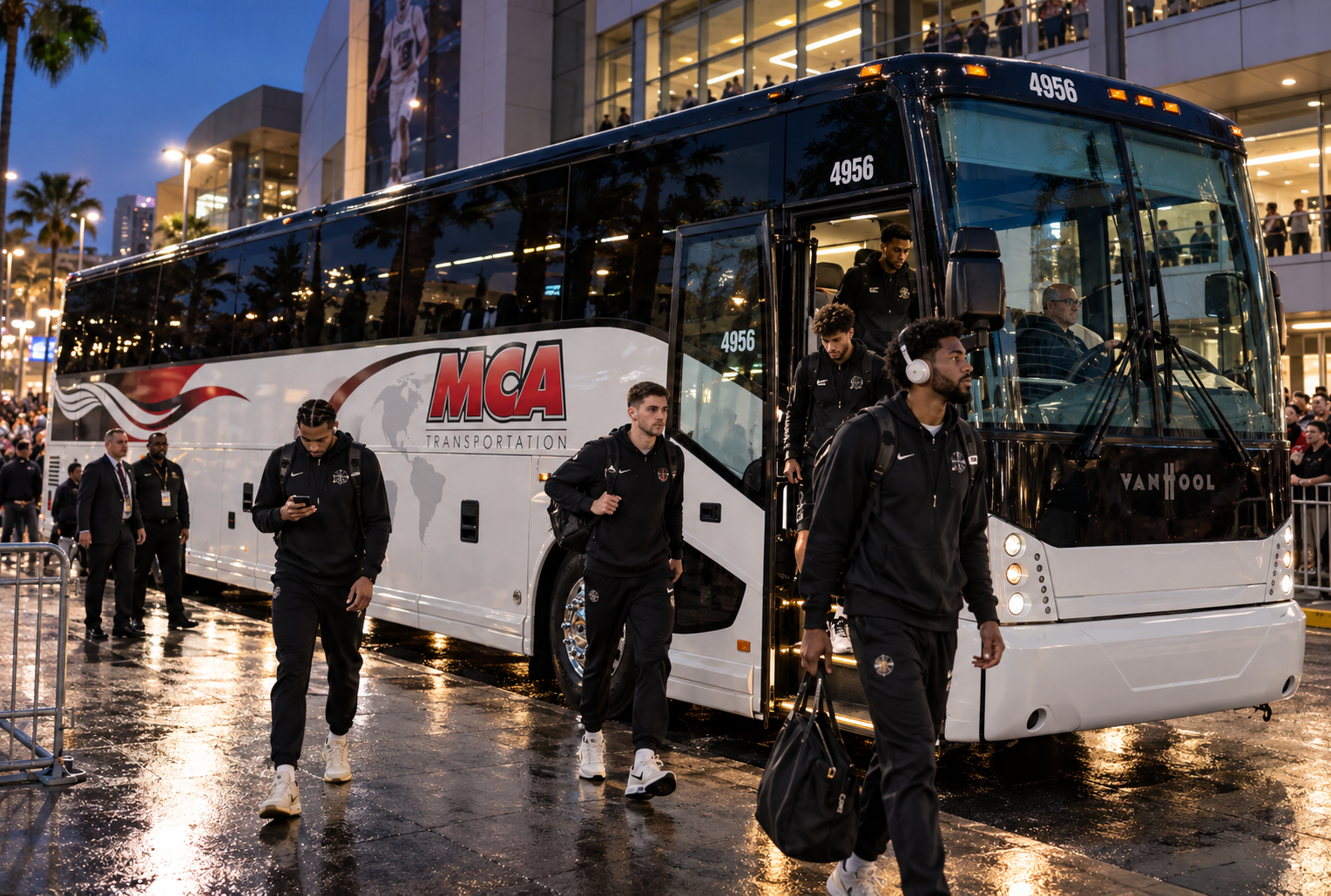 MCA Transportation bus arriving with professional basketball players in Orlando