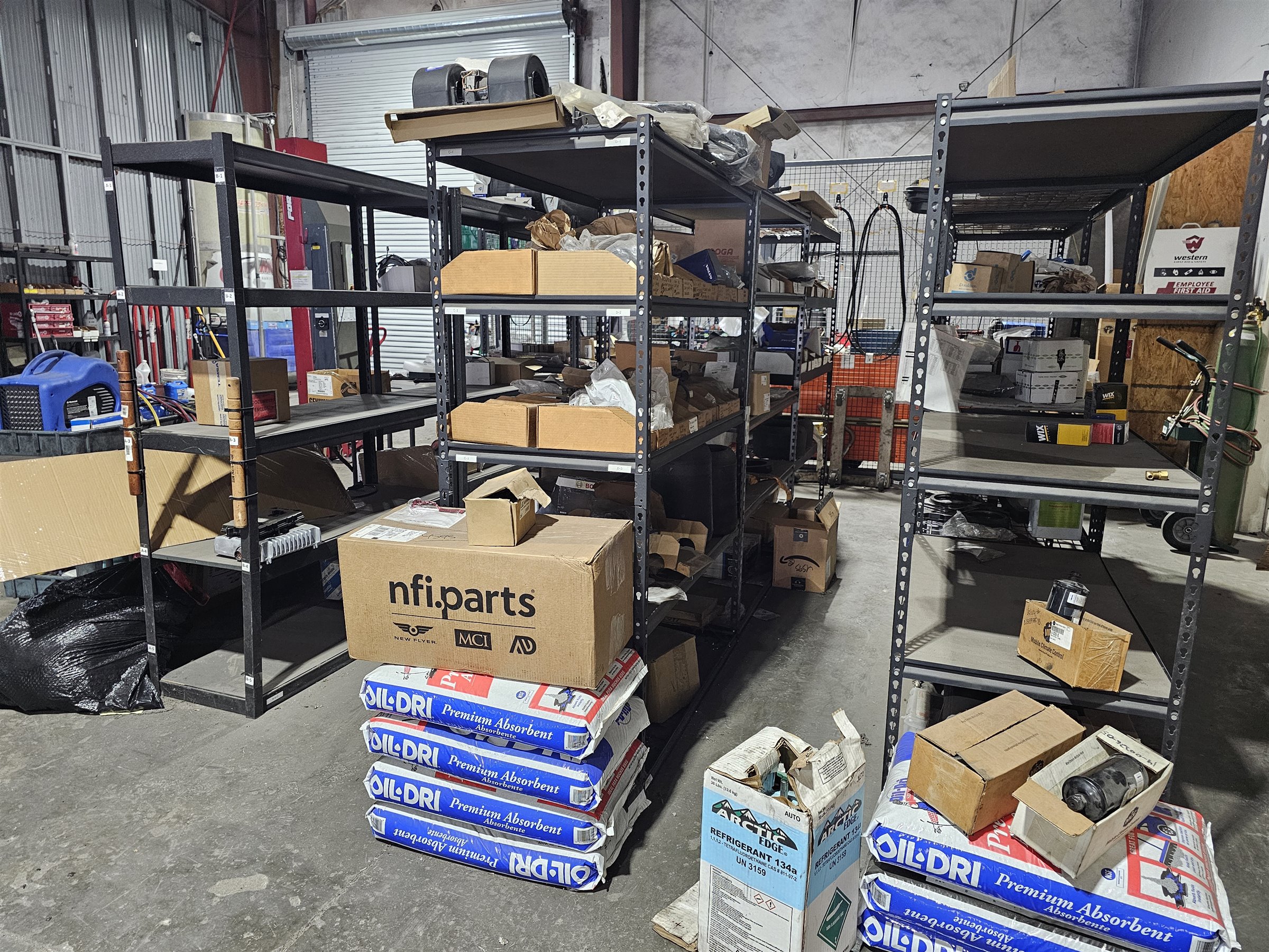 Parts shelves inside the MCA Transportation maintenance shop