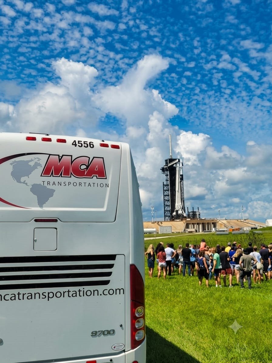 MCA Transportation motorcoach at Kennedy Space Center on launch day