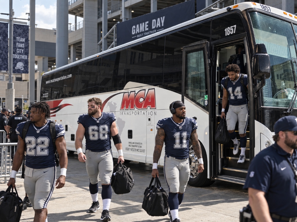 Pro football team deboarding MCA coach #1857 at stadium